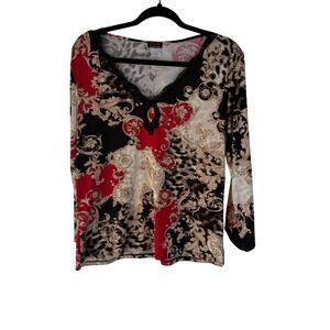 Maidenform Y2k M Long Sleeve Lace Trim V Neck Baroque Print Grunge Going Out Top